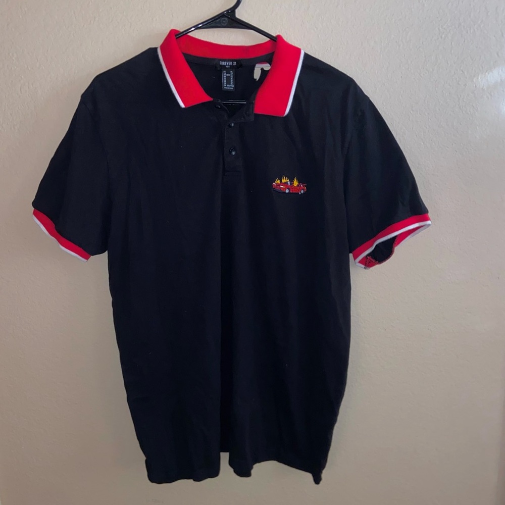 Mens Forever 21 Flaming Race car 1/4 button up y2k black polo short sleeve shirt